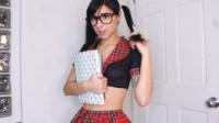 Schoolgirl in eyeglasses and uniform rides dildo toy for an afullhd gt