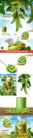 Canned young peas ads poster with fresh plant in 3d vector illustration