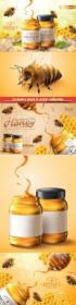 Pure honey ads with bees and honeycomb in 3d vector illustration