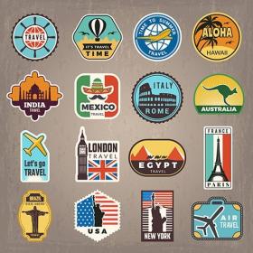 Travel Stickers Vacation Badges Vector Retro Pictures