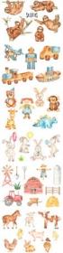 Cute animals on farm and soft watercolor-style toys