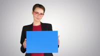 Videohive - Businesswoman Holding an Empty Banner on Gradient Background. 26407160