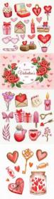 Watercolor Valentine's Day background and decorative elements